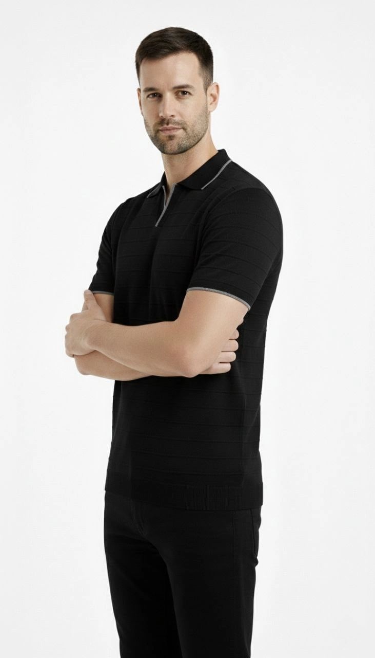 Erkek Yazlık Dokuma Triko Tişört Düğmesiz Polo Yaka Kısa Kol T-Shirt - Siyah