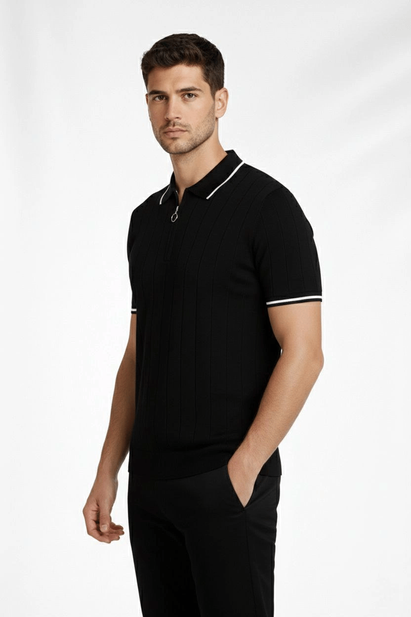 Erkek Yazlık Dokuma Triko Tişört Fermuarlı Polo Yaka Kısa Kol T-Shirt - Siyah