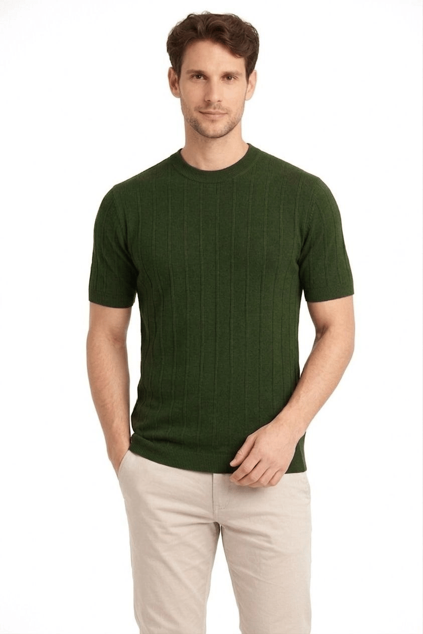Erkek Yazlık Fitilli Triko Tişört Kısa Kol Bisiklet Yaka T-Shirt - Haki