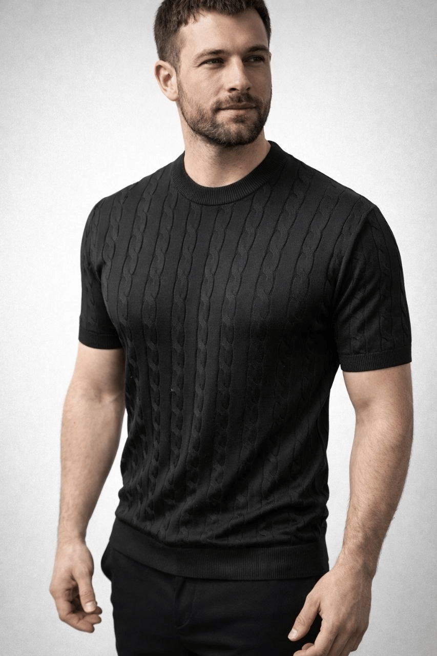 Erkek Yazlık Triko Dokuma Tişört Kısa Kol Bisiklet Yaka Örgü Desenli T-Shirt - Siyah
