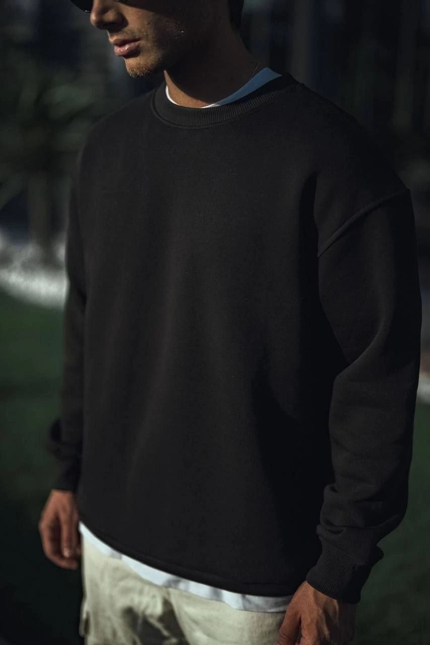 Erkek pamuklu Bisiklet Yaka 3 İplik Basic SweatShirt - Siyah