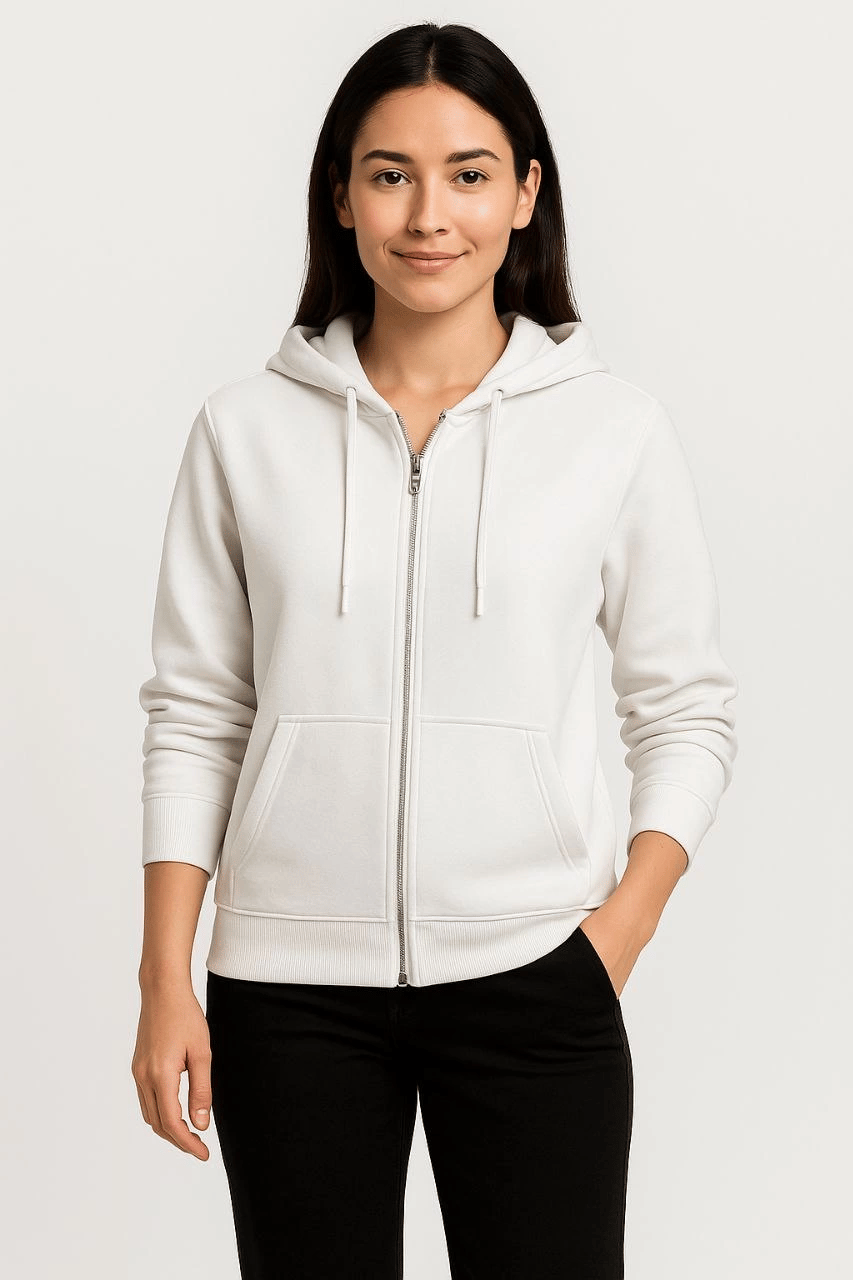 Kadın 3 İplik Kapüşonlu Tam Fermuarlı Kanguru Cepli Sweatshirt Hoodie - Beyaz