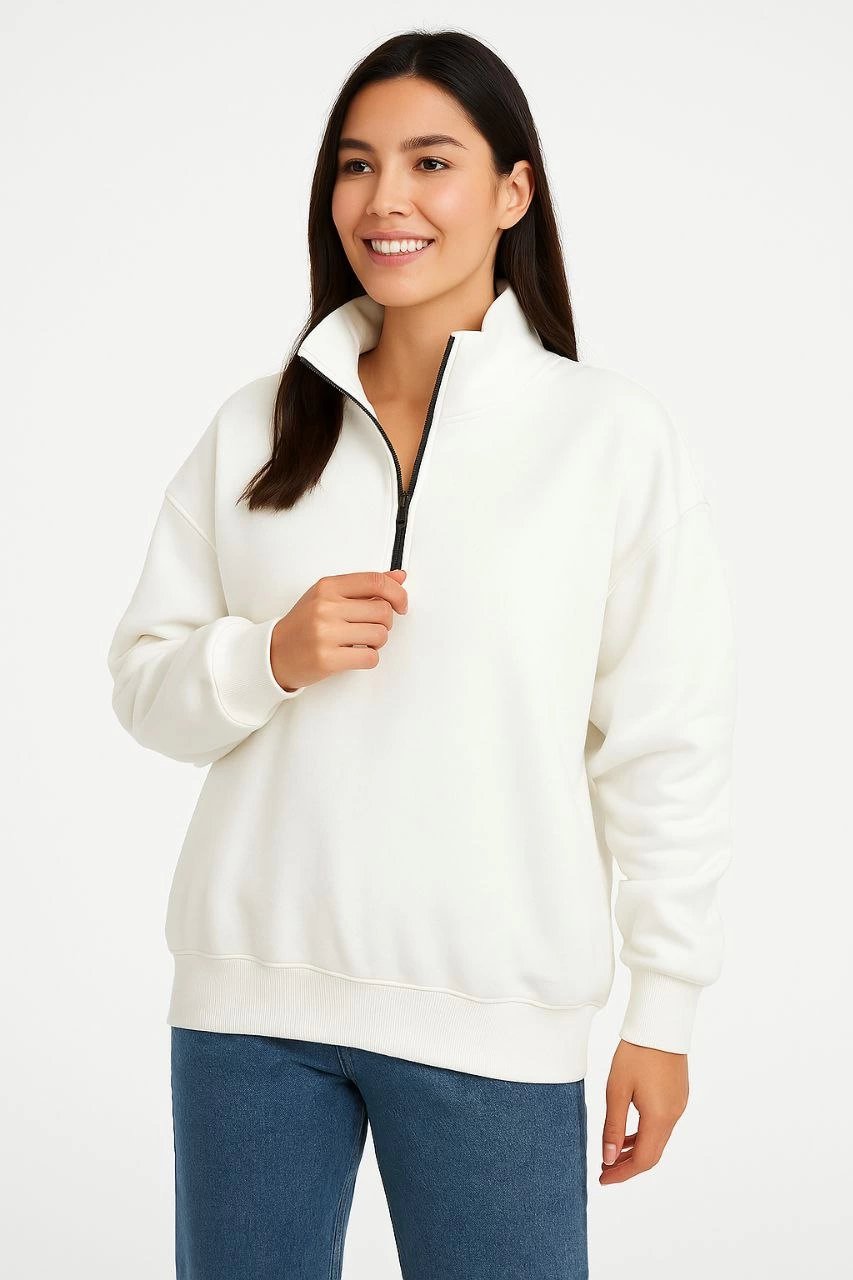 Kadın 3 İplik Pamuklu Dık Yaka Yarım Fermuarlı SweatShirt - Beyaz