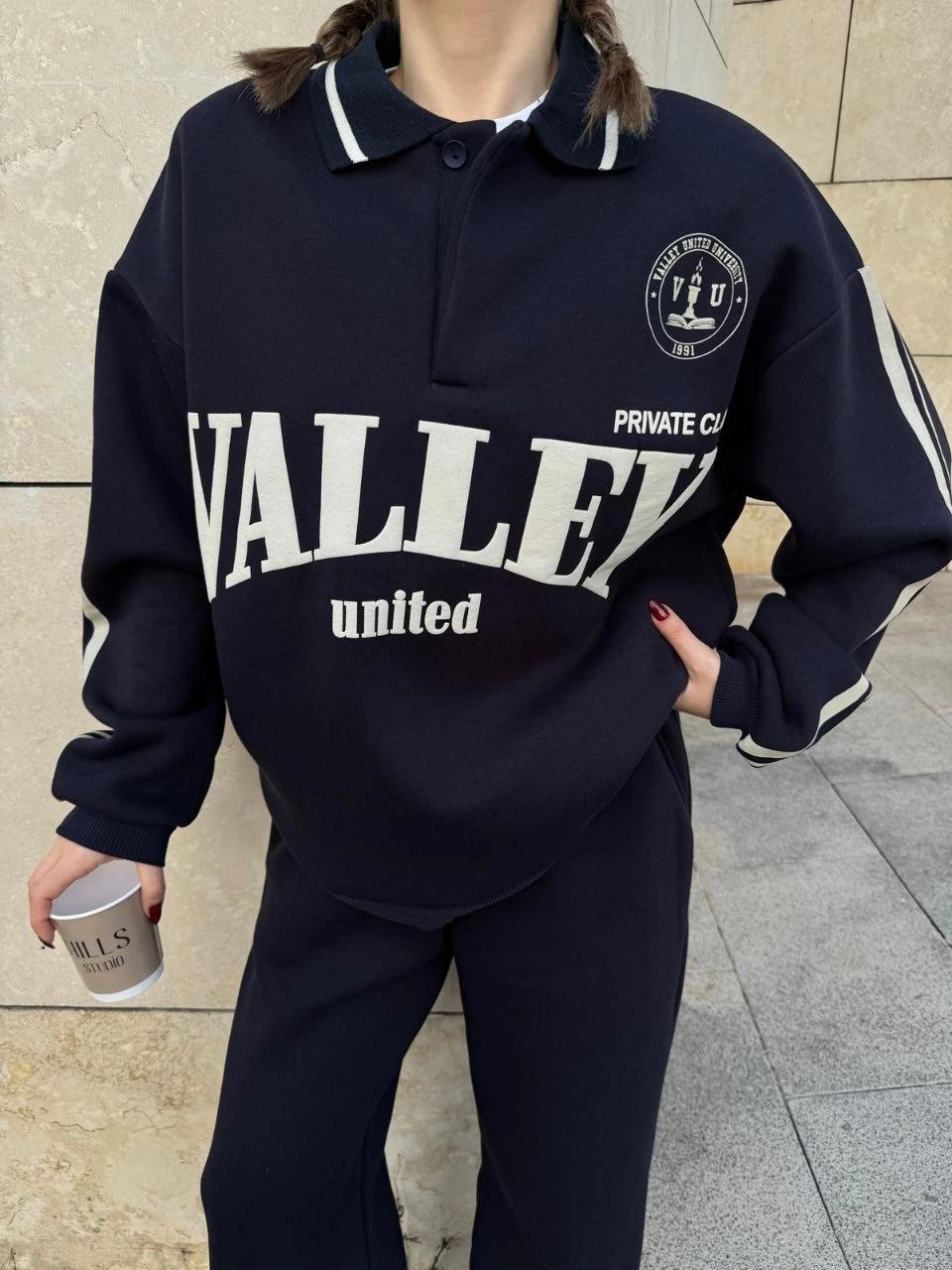 Kadın 3 İplik Pamuklu Yakalı Sweat Baggy Pantolonlu Alt-Üst Takım - Siyah