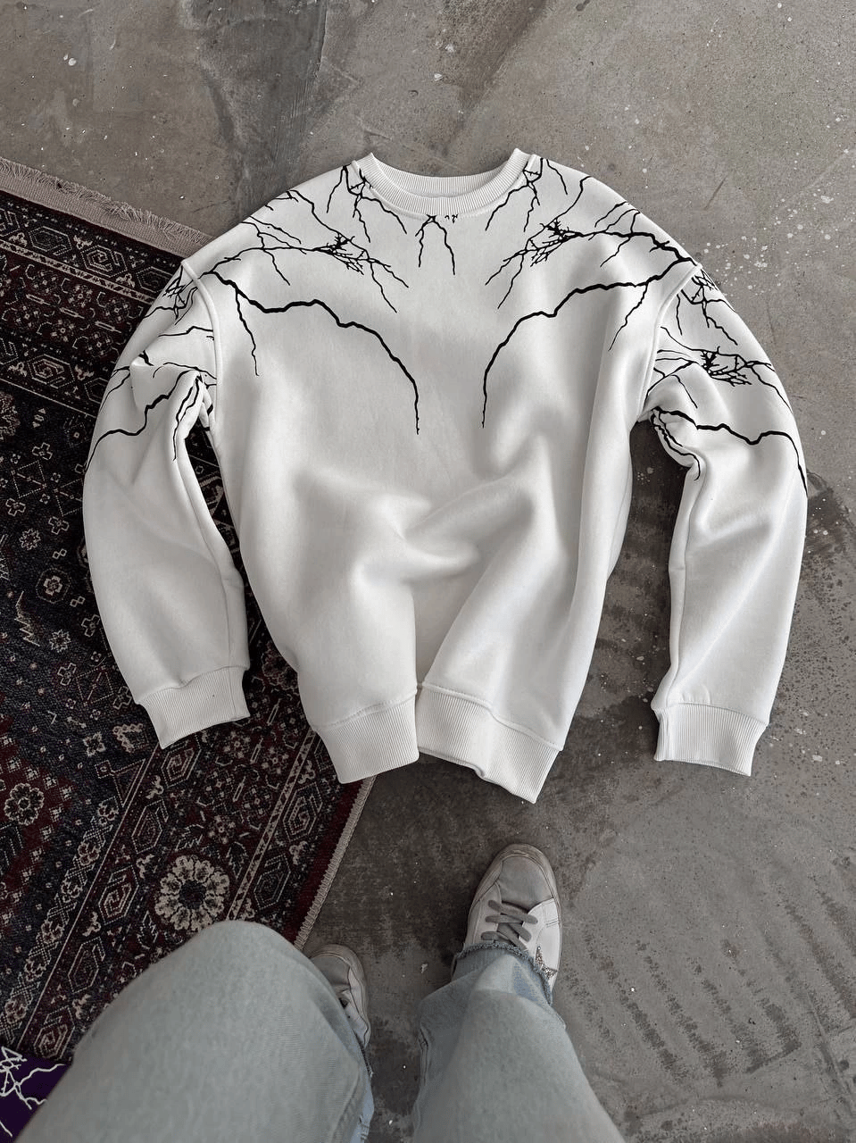 Kadın 3 iplik pamuklu Yıldırım Baskılı Bisiklet Yaka SweatShirt - Beyaz