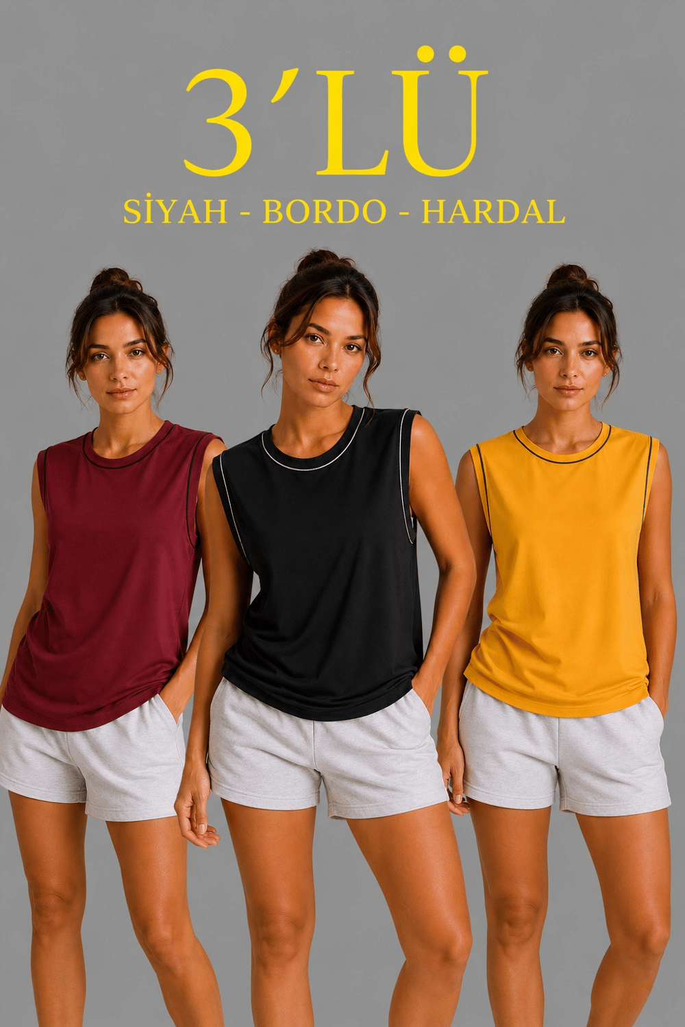 Kadın 3’lü Kolsuz Sporcu Atlet Seti Yazlık Bisiklet Yaka - Siyah, Bordo, Hardal
