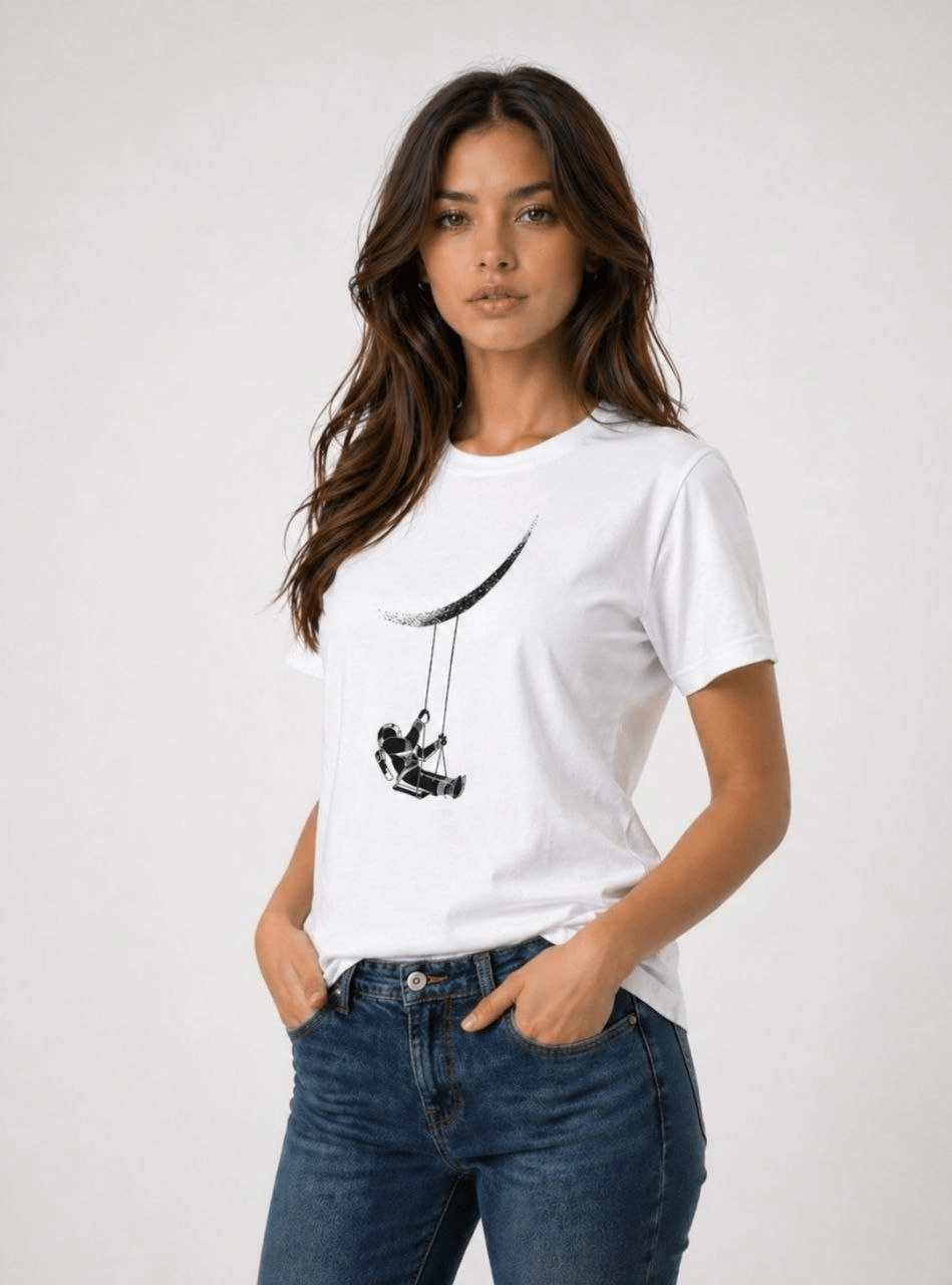 Kadın Astronot Ay Temalı Tişört Kısa Kol Yazlık Bisiklet Yaka T-Shirt - Beyaz