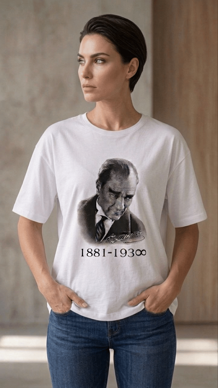 Kadın Atatürk Baskılı Tişört Kısa Kollu Bisiklet Yaka T-Shirt - Beyaz