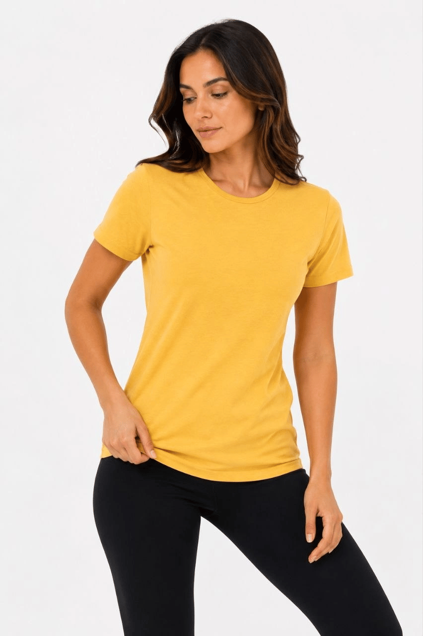 Kadın Basic Tişört Bisiklet Yaka Kısa Kol Günlük Yazlık Slim fit T-Shirt - Sarı