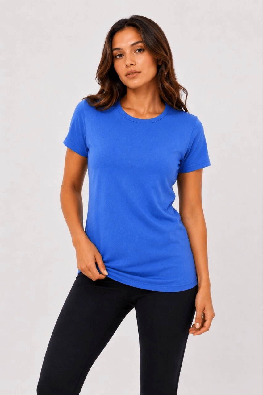 Kadın Basic Tişört Bisiklet Yaka Kısa Kol Günlük Yazlık Slim fit T-Shirt - Mavi