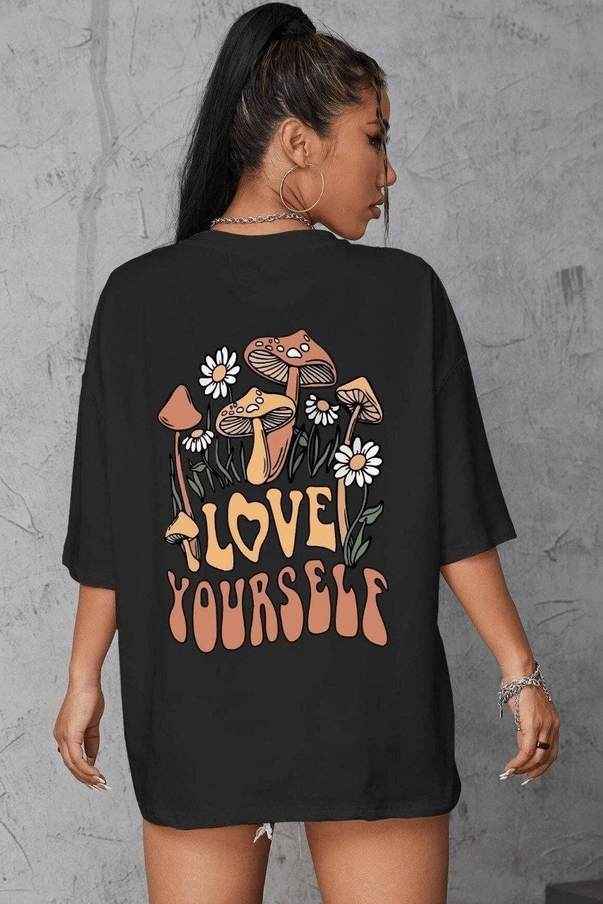 Kadın Baskılı Oversize kısa kol T-Shirt - Siyah