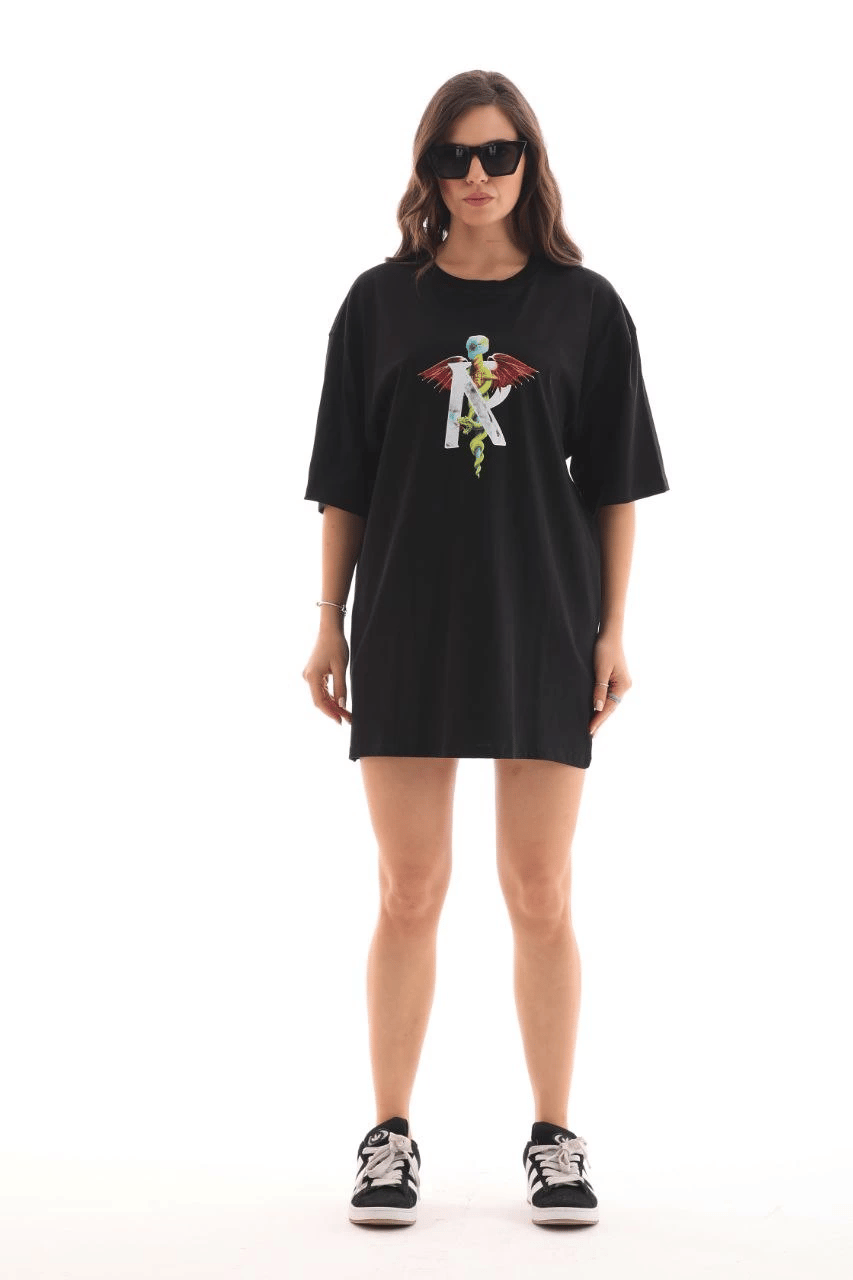 Kadın Baskılı T-Shirt Kısa Kol Bisiklet Yaka Regular Fit Rahat Kalıp Günlük Tişört -Siyah
