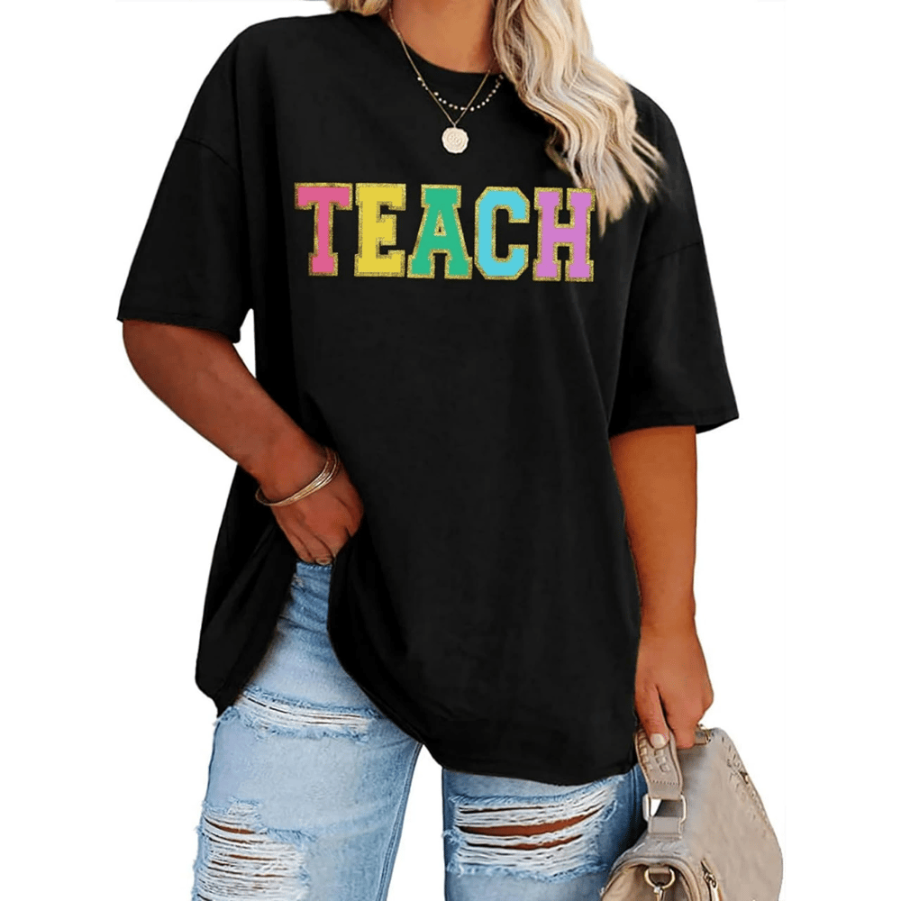 Kadın Baskılı T-Shirt Kısa Kol Bisiklet Yaka Oversize Rahat Kalıp Tişört - Siyah