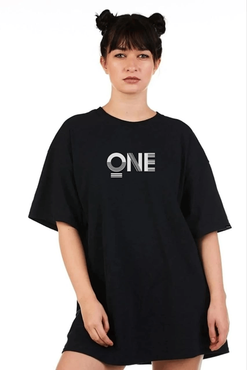 Kadın Baskılı T-Shirt Kısa Kol Bisiklet Yaka Oversize Rahat Kalıp Tişört - Siyah
