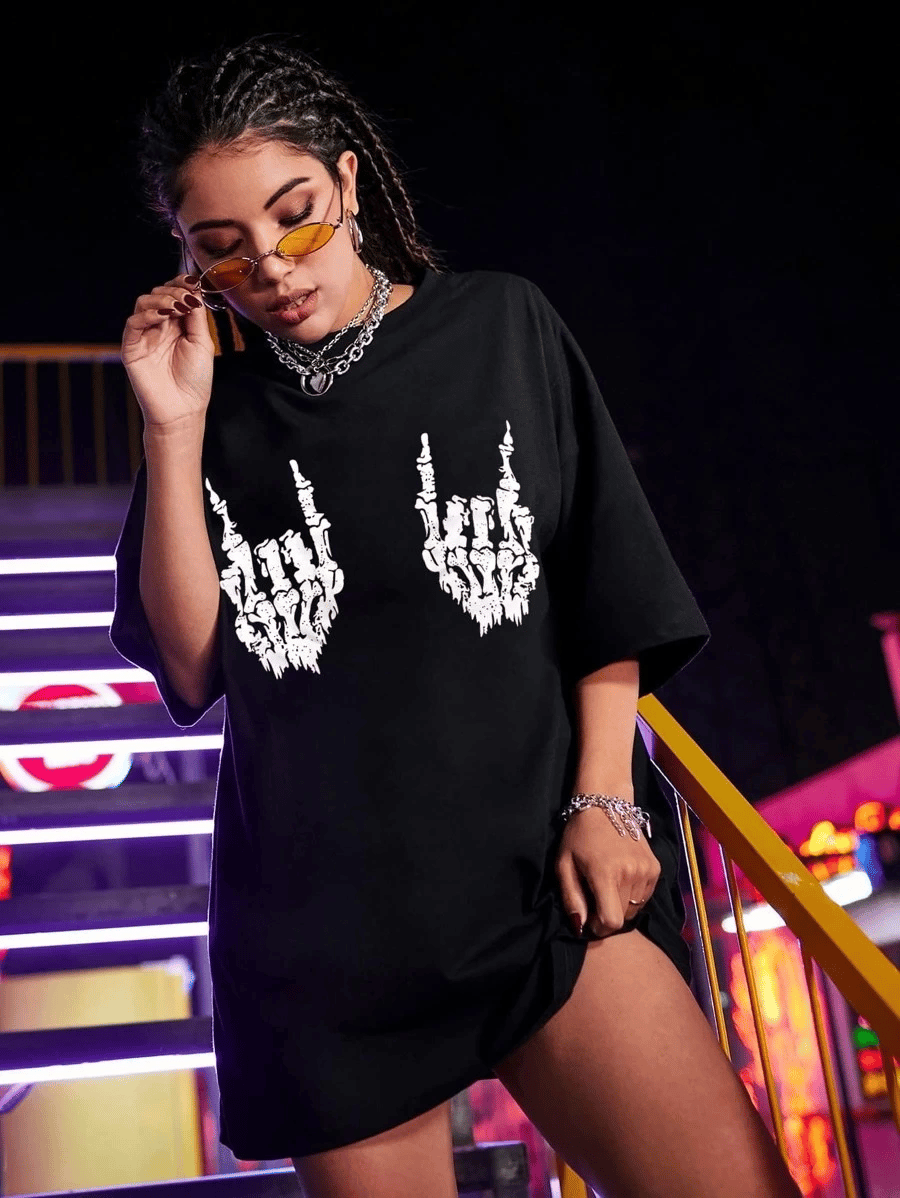 Kadın Baskılı T-Shirt Kısa Kol Bisiklet Yaka Oversize Rahat Kalıp Tişört - Siyah
