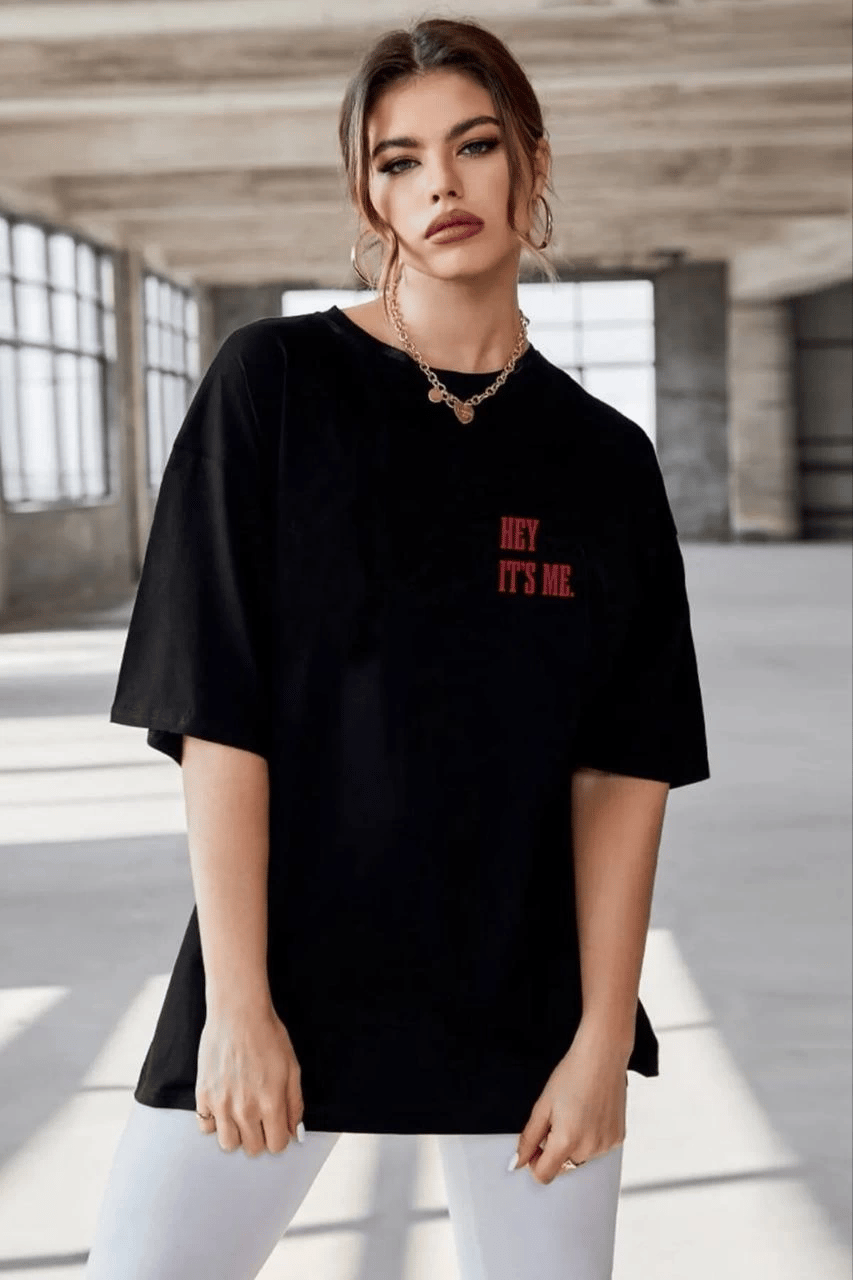 Kadın Baskılı T-Shirt Kısa Kol Bisiklet Yaka Oversize Rahat Kalıp Tişört - Siyah