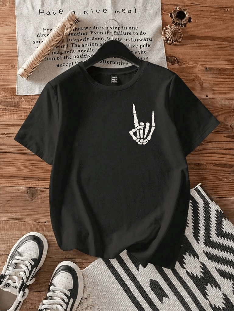 Kadın Baskılı T-Shirt Kısa Kol Bisiklet Yaka Oversize Rahat Kalıp Tişört - Siyah
