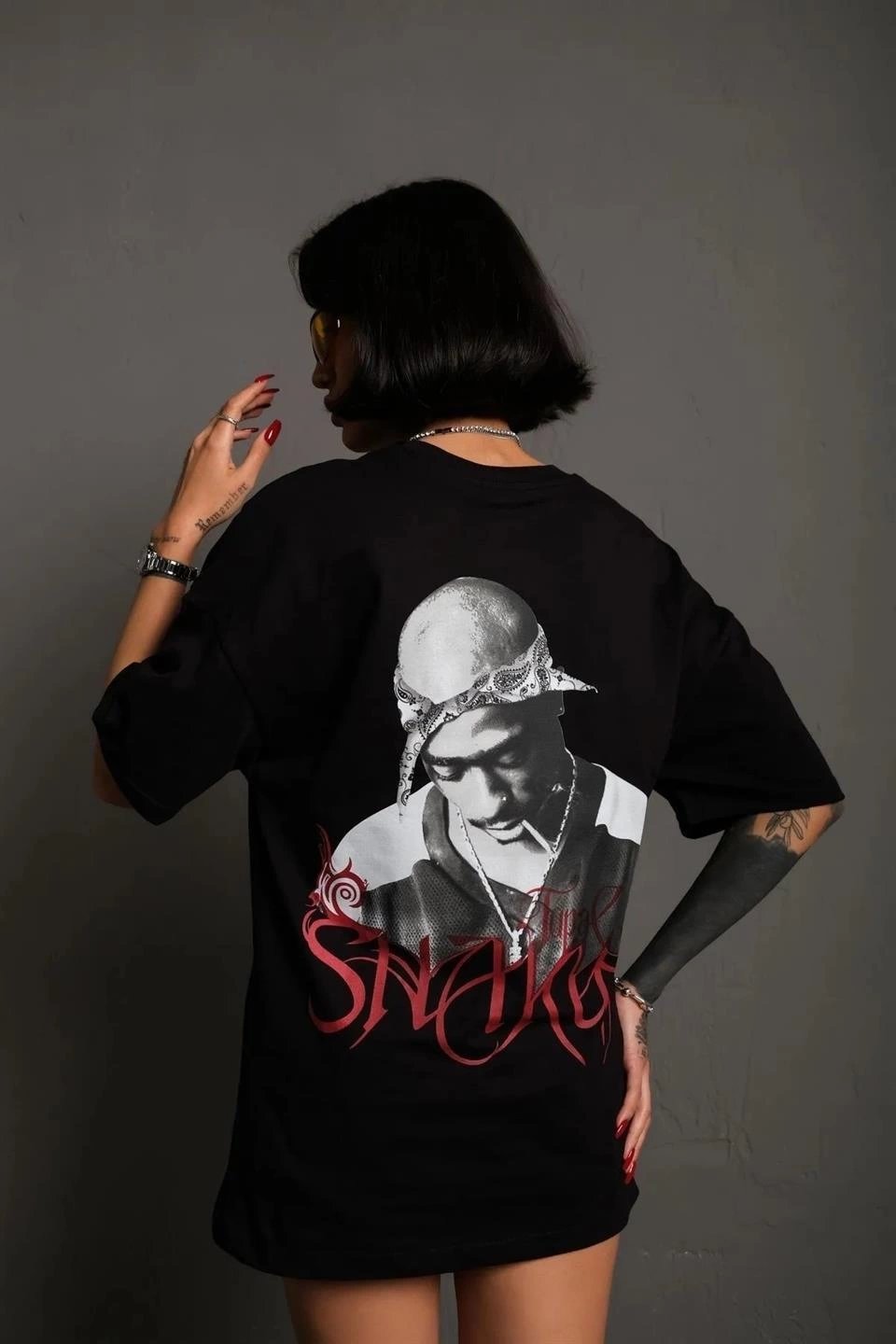 Kadın Baskılı T-Shirt Oversize Kısa kol Bisiklet yaka tişort- Siyah