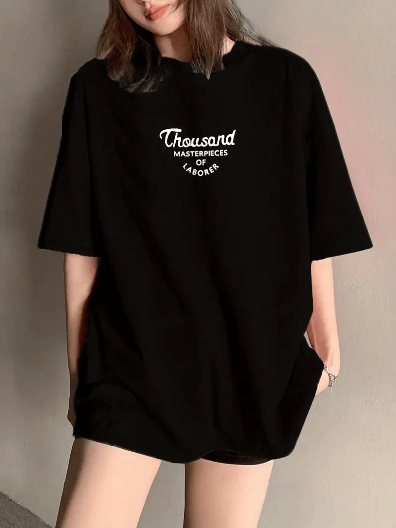 Kadın Baskılı Tişört Bisiklet yaka yazlık Kısa Kol oversize t-shirt - Siyah