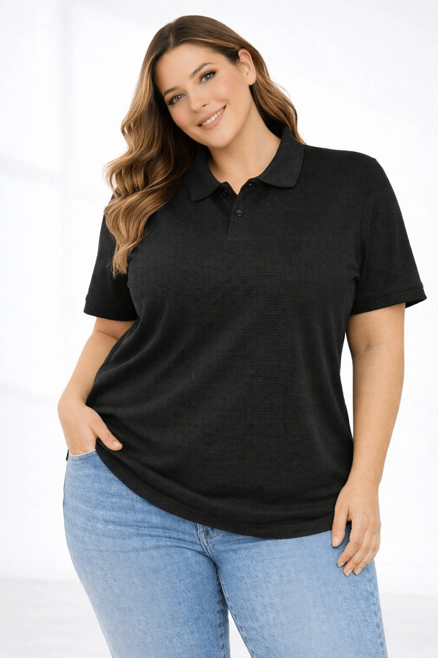 Kadın Battal Beden Tişört Polo Yaka Pike Kumaş Kısa Kol T-Shirt - Siyah