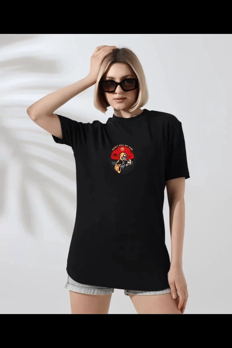 Kadın Bisiklet Yaka Baskılı  kısa kol T-Shirt - Siyah