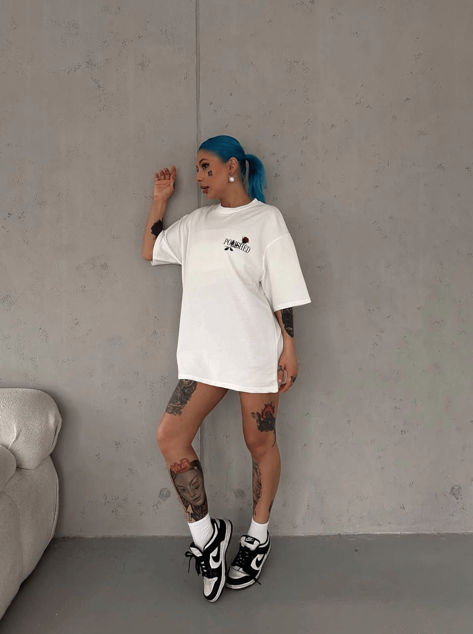 Kadın Bisiklet Yaka Baskılı Kısa kol Oversize T-Shirt - Beyaz