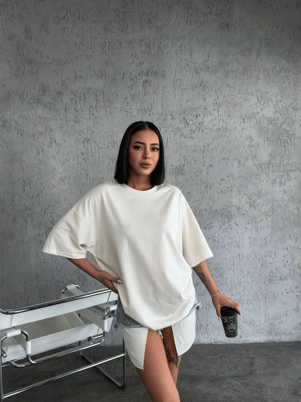 Kadın Düz T-Shirt Kısa Kol Bisiklet Yaka Oversize Rahat Kalıp Günlük Tişört - Beyaz