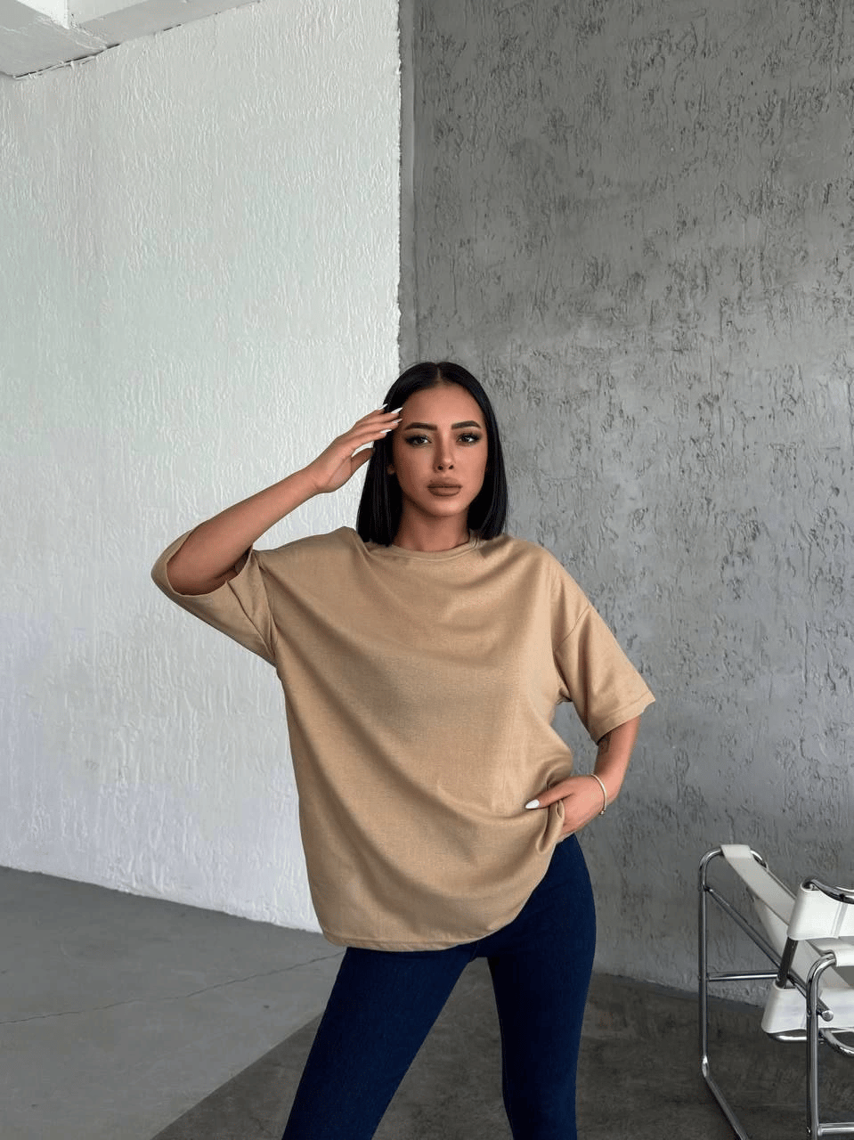 Kadın Düz T-Shirt Kısa Kol Bisiklet Yaka Oversize Rahat Kalıp Günlük Tişört - Bej