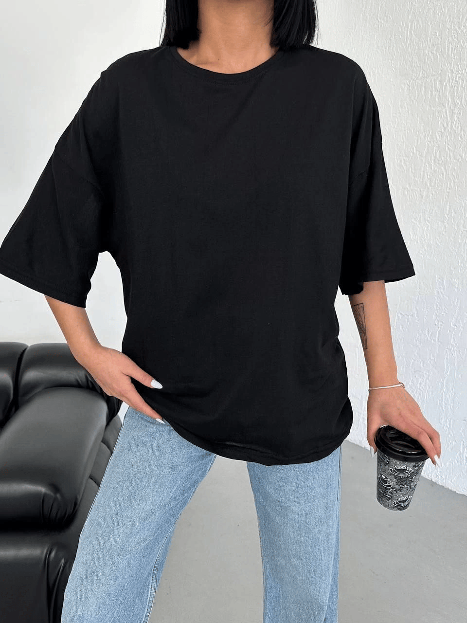 Kadın Düz T-Shirt Kısa Kol Bisiklet Yaka Oversize Tişört - Siyah