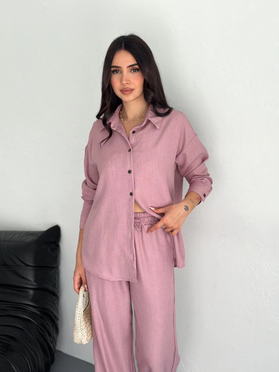 Kadın Gömlek Pantolon ikili Alt-Üst Takım - Toz Pembe