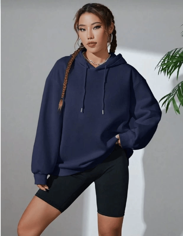 Kadın Kapüşonlu Kanguru Cepli 3 İplik Pamuklu Oversize Hoodie Sweatshirt - Lacivert