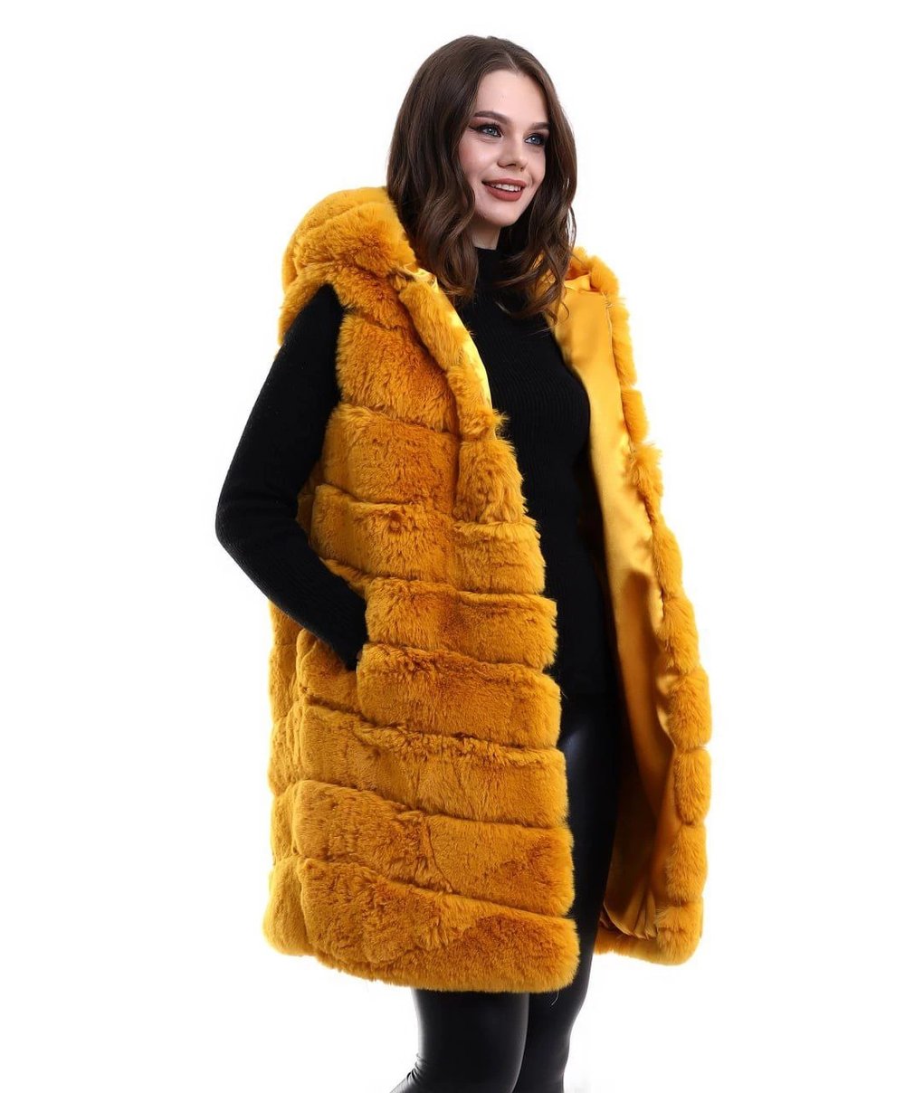 Kadın Kapüşonlu Peluş Kürk Yelek Premium Kalite Tam Astarlı Uzun Model - Sarı