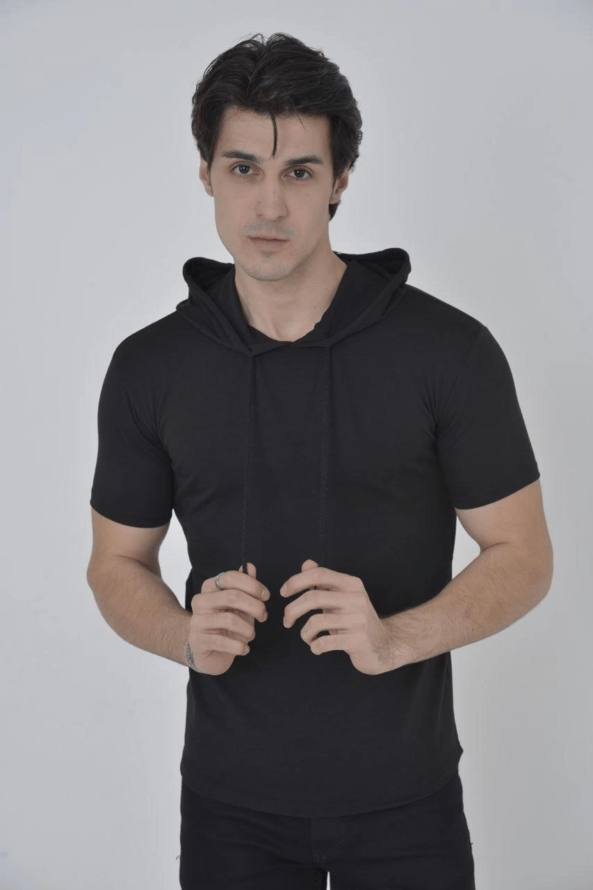 Kadın Kapüşonlu T-Shirt Kısa Kol Bisiklet Yaka Slimfit Tişört    - Siyah