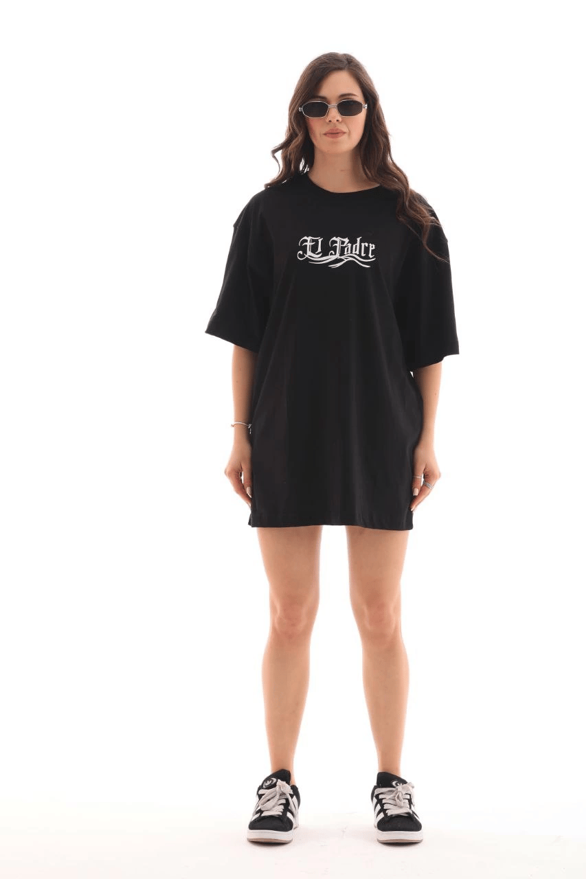 Kadın Kısa Kol Yazlık Tişört Bisiklet Yaka Baskılı Oversize T-Shirt - Siyah