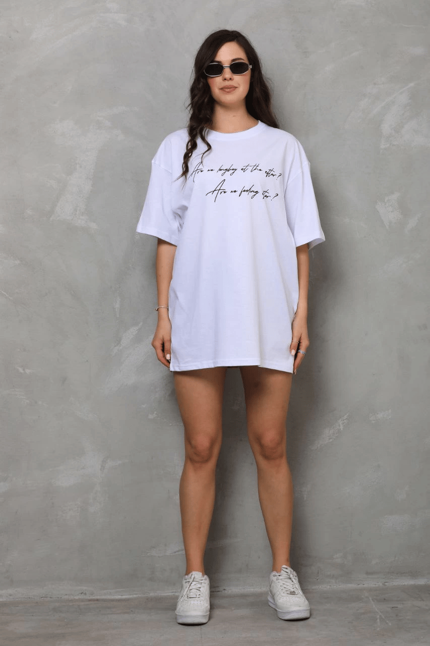 Kadın Kısa Kol Yazlık Tişört Bisiklet Yaka Baskılı Oversize T-Shirt - Beyaz