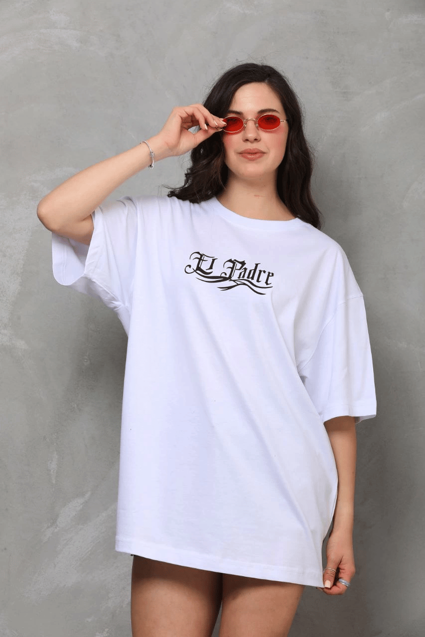 Kadın Kısa Kol Yazlık Tişört Bisiklet Yaka Baskılı Oversize T-Shirt - Beyaz