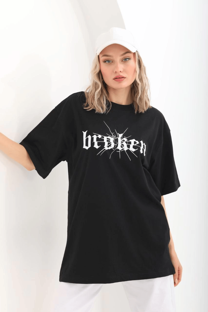 Kadın Kısa Kol Yazlık Tişört Bisiklet Yaka Baskılı Oversize T-Shirt - Siyah