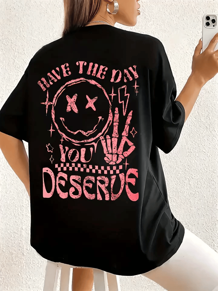 Kadın Kısa Kol Yazlık Tişört Bisiklet Yaka Baskılı Oversize T-Shirt - Siyah