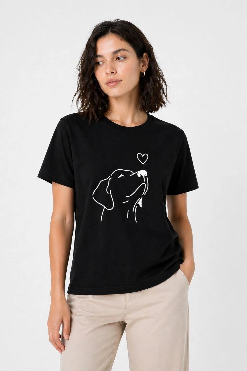 Kadın Köpek Figürlü Minimal Baskılı Tişört Kısa Kol Yazlık T-Shirt - Siyah