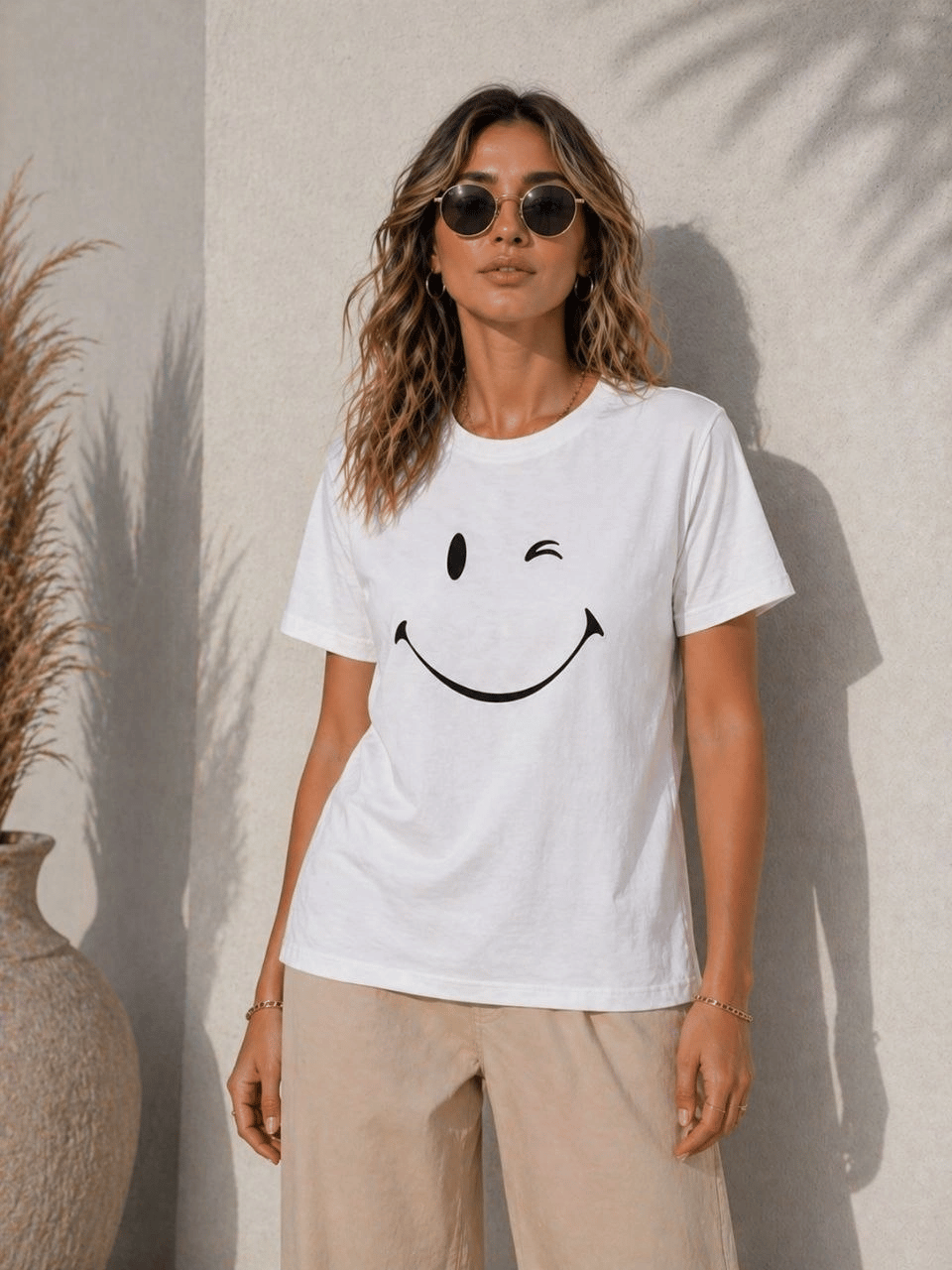 Kadın Minimal Gülümseyen Yüz Baskılı Tişört Kısa Kol Yazlık T-Shirt - Beyaz