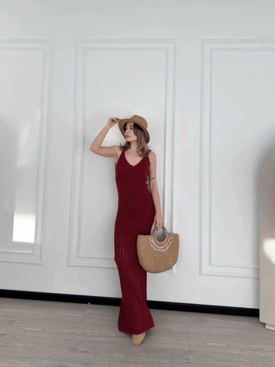 Kadın Örgülü Uzun Triko Elbise - Bordo