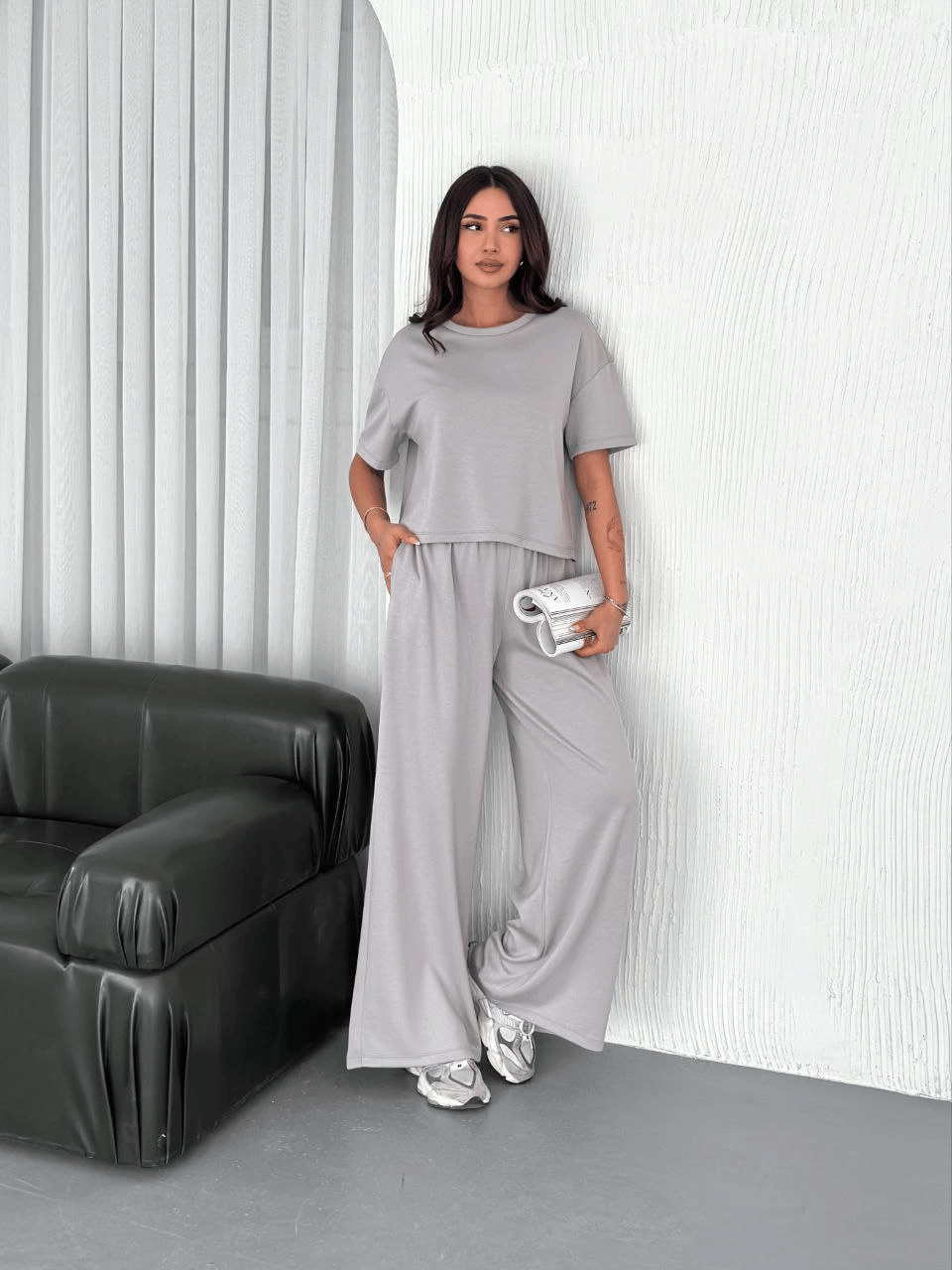 Kadın Osy Modal Yumuşak Kumaş Bisiklet Yaka T-shirt Bol paça Pantolon ikili Takım - Boyalı Gri