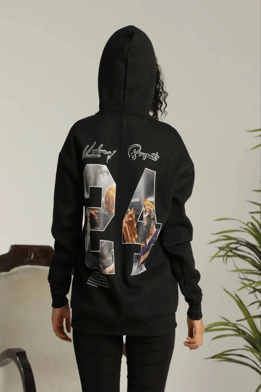 Kadın Oversize Kapüşonlu Cepli Baskılı 3 İplik Pamuklu Hoodie Sweatshirt - Siyah