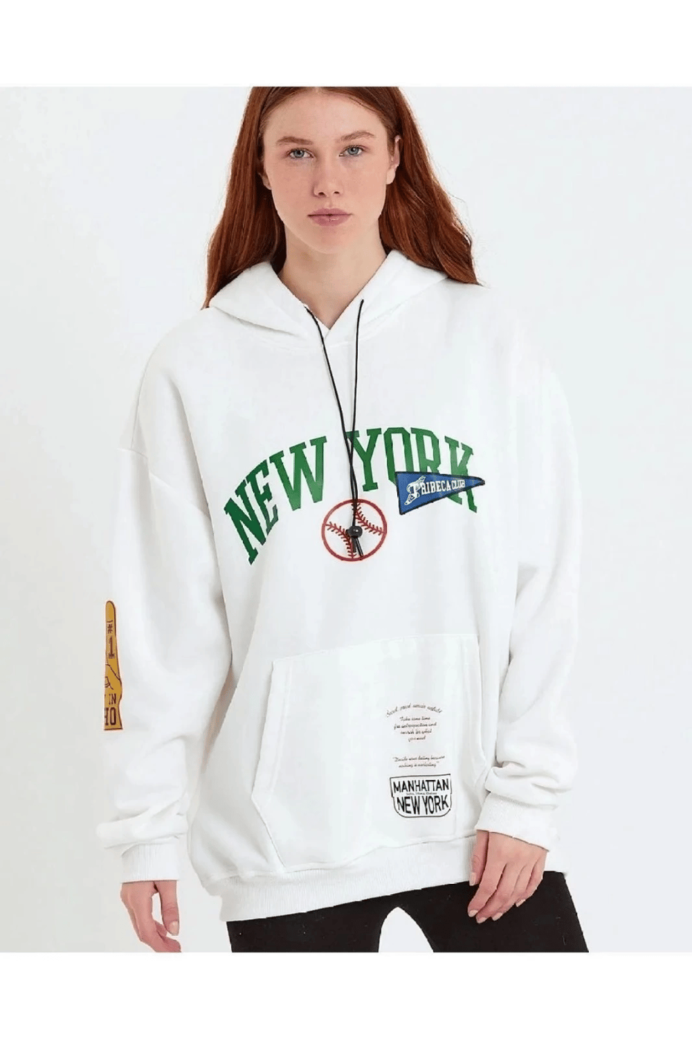 Kadın Oversize Kapüşonlu Cepli Ön Kol Baskılı 3 İplik Pamuklu Hoodie Sweatshirt - Beyaz