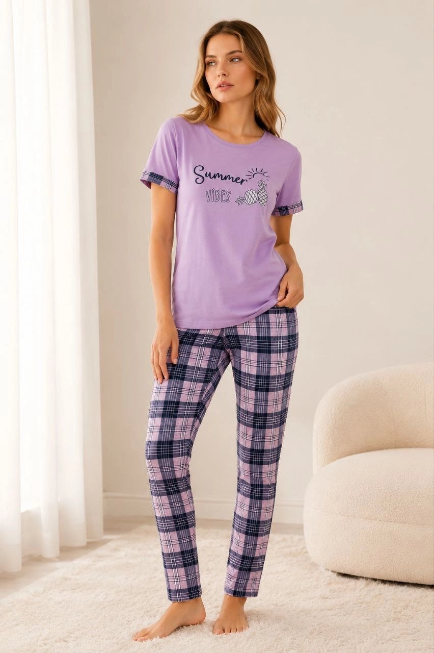 Kadın Pamuklu Penye Summer Baskılı Kısa Kollu Pijama Takımı Bisiklet Yaka Ekose Desenli - Lila