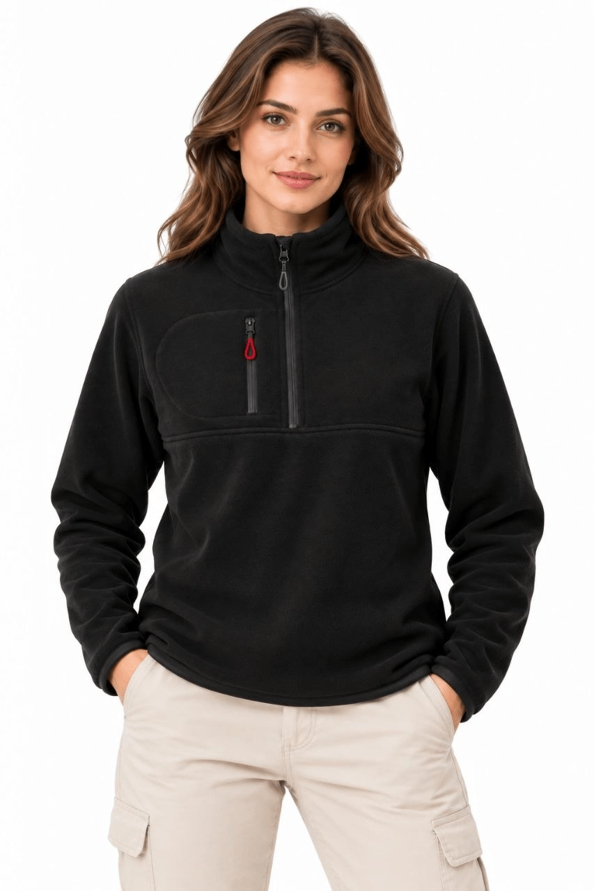 Kadın Polar Dik Yaka Yarım Fermuarlı Fermuarlı Göğüs Cepli Regular Fit Kışlık Sweatshirt - Siyah