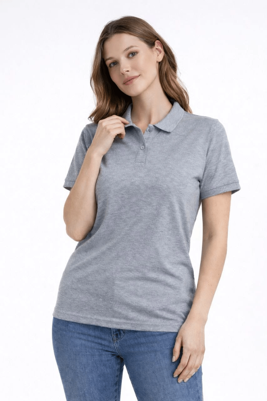 Kadın Polo Yaka Tişört Pike Kumaş Kısa Kol Regular Fit Yazlık T-Shirt - Gri