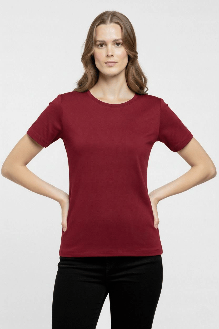 Kadın T-Shirt Bisiklet Yaka Slim Fit Likralı Tişört Yazlık Basic Body - Bordo