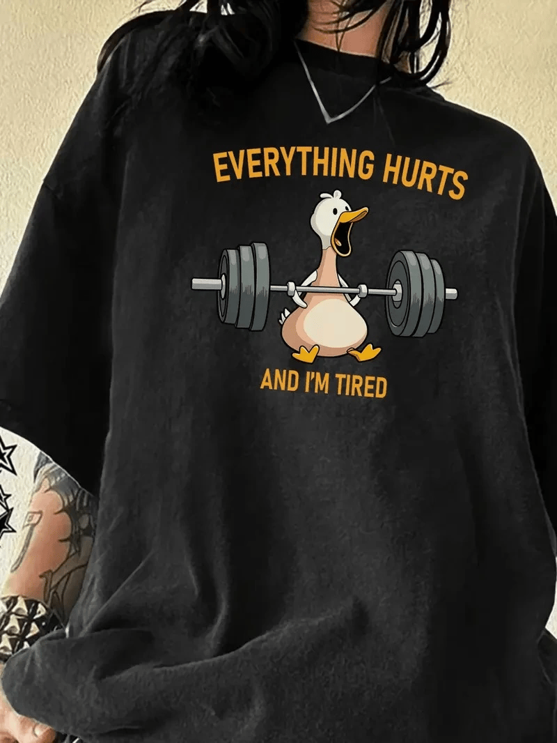Kadın T-Shirt Ördek Baskılı Bisiklet Yakalı Kısa kol Tişört - Siyah