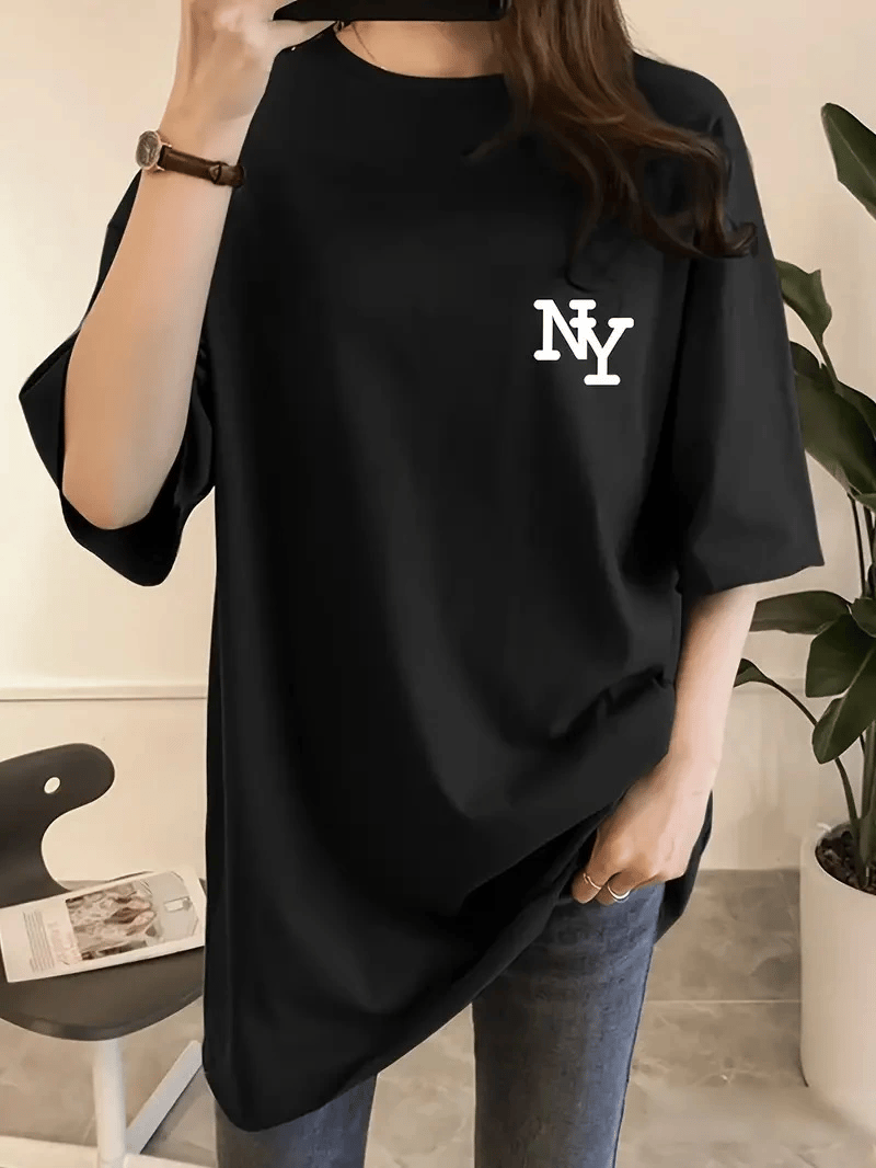 Kadın T-shirt Bisiklet yaka  NY Baskılı kısa kol Tişört - Siyah